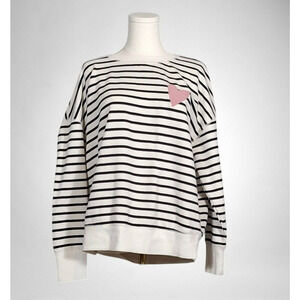 Maurices Womens SZ Large Sweatshirt Long Sleeve Cream Black Stripe Heart Graphic